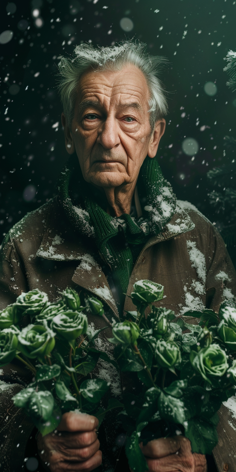 Elderly person growing green roses in garden