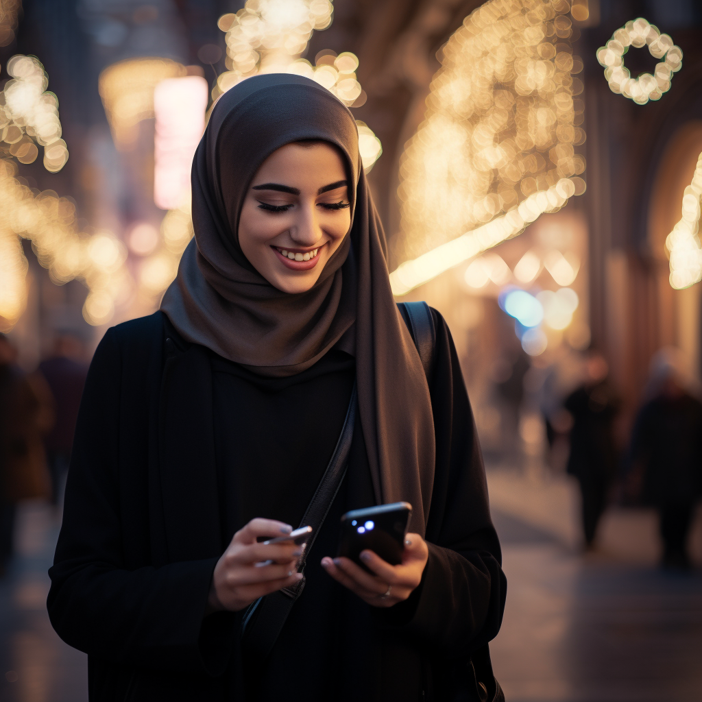 Elderly Saudi woman using iPhone