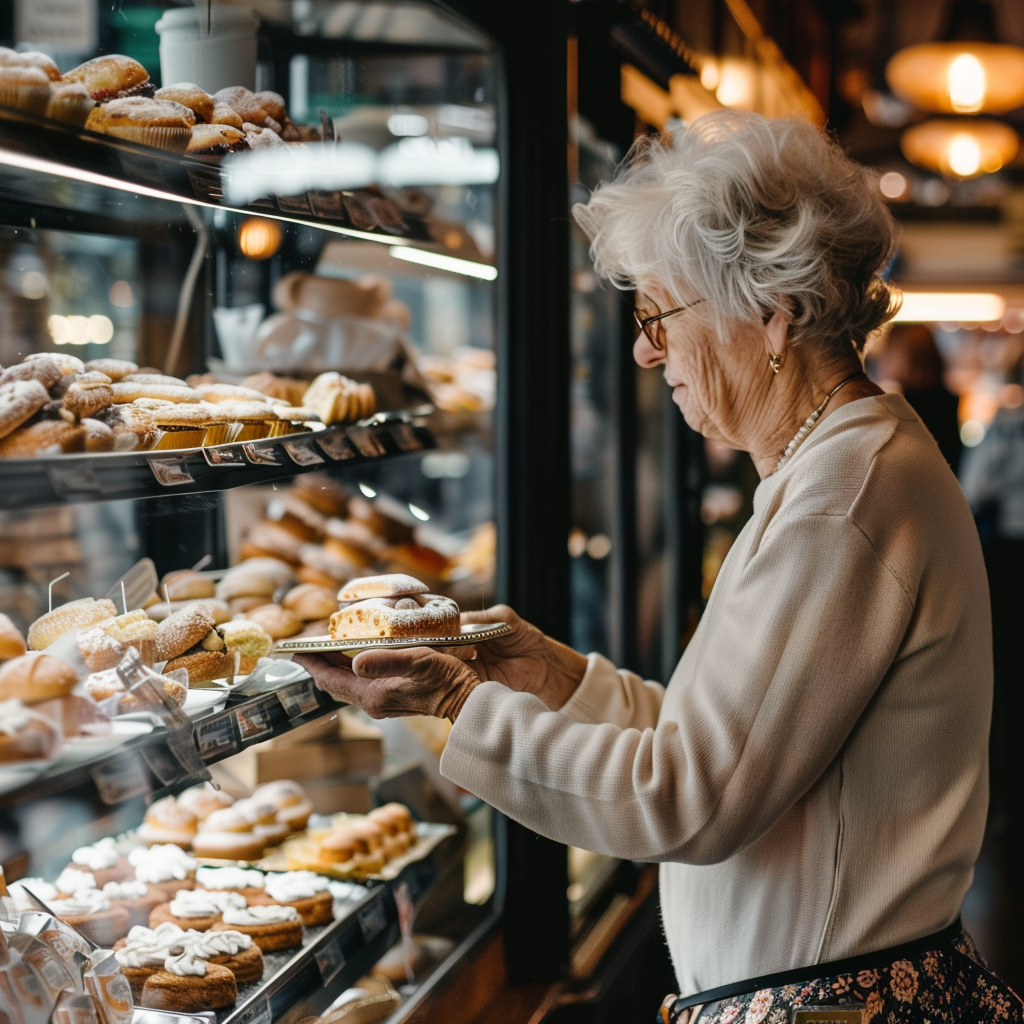 Senior woman ordering baked goods