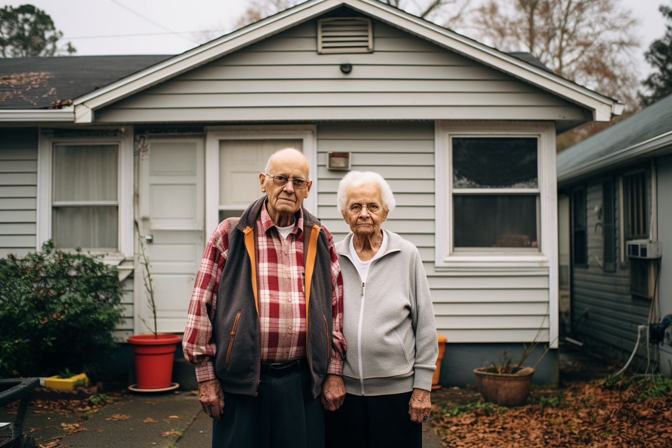 Happy elderly American couple sitting outside their house