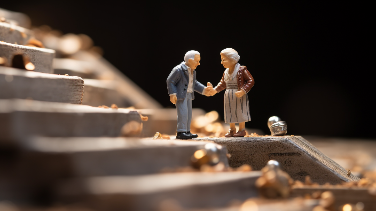 Elderly couple walking hand in hand on coin stairs