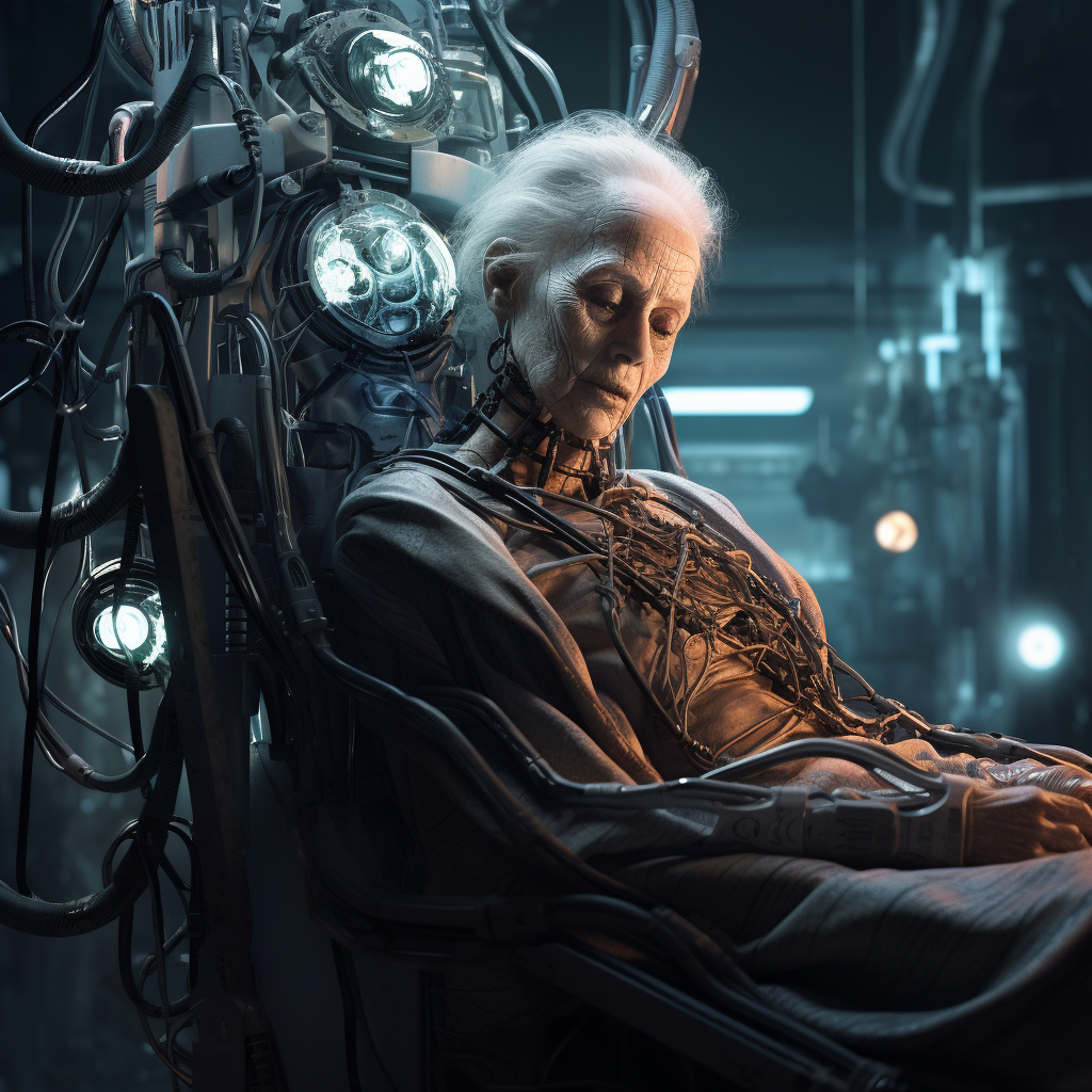 Elderly Cyborg Woman Absorption by Futuristic Machine