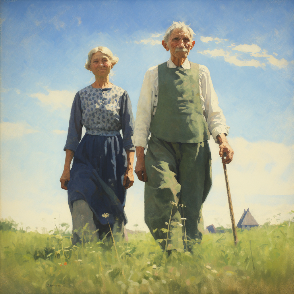 Illustration of elderly English couple in green field