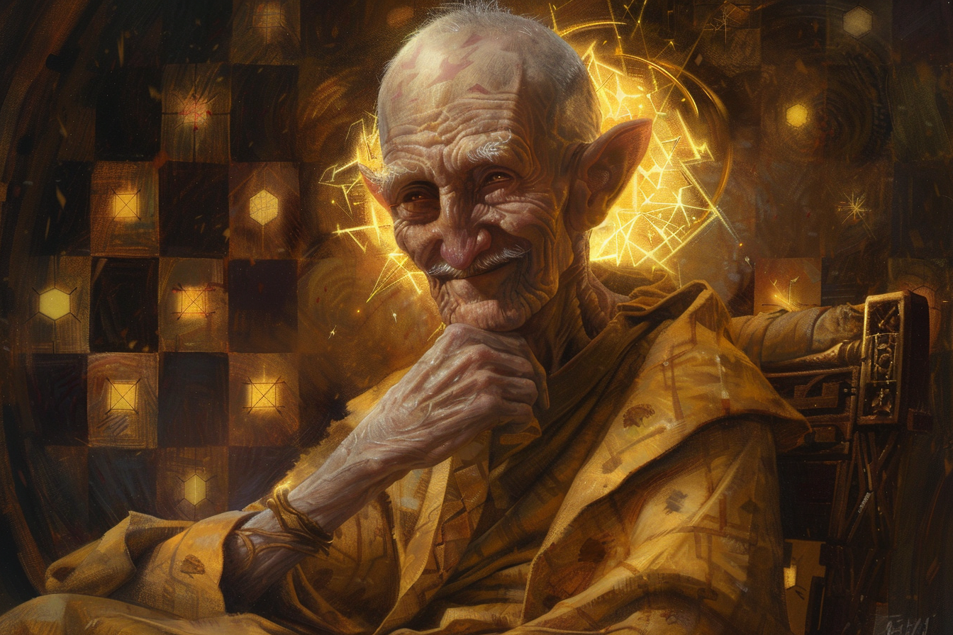 Elderly man with golden aura in chair