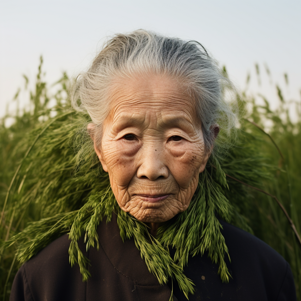 Smiling elderly woman with wild grassy eyebrows