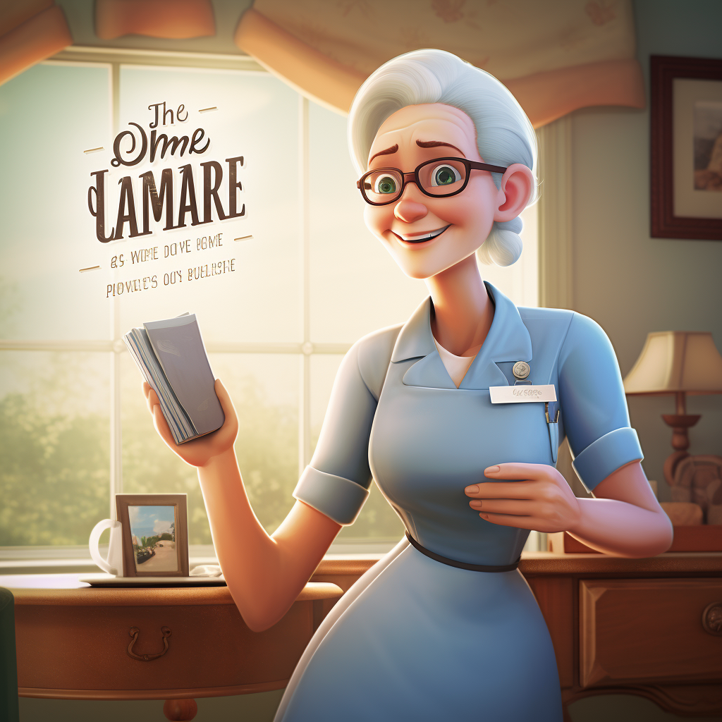 Smiling nurse caring for elderly in Disney Pixar style