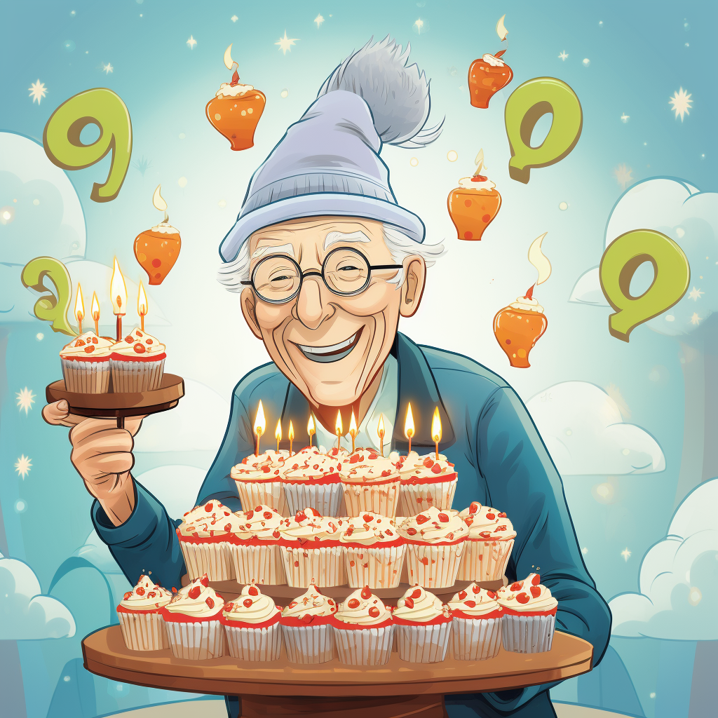 Elderly person with party hat and cake