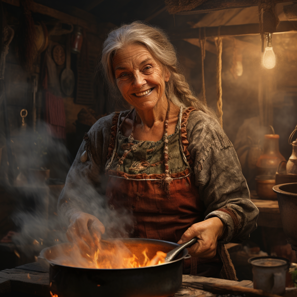 Smiling elderly Viking woman cooking stew