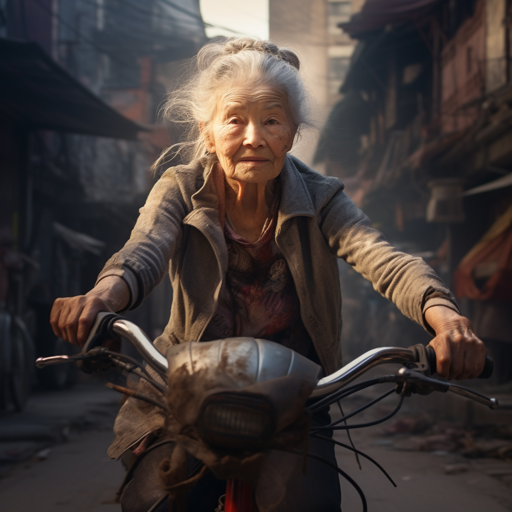 Elderly woman cycling through vibrant city streets