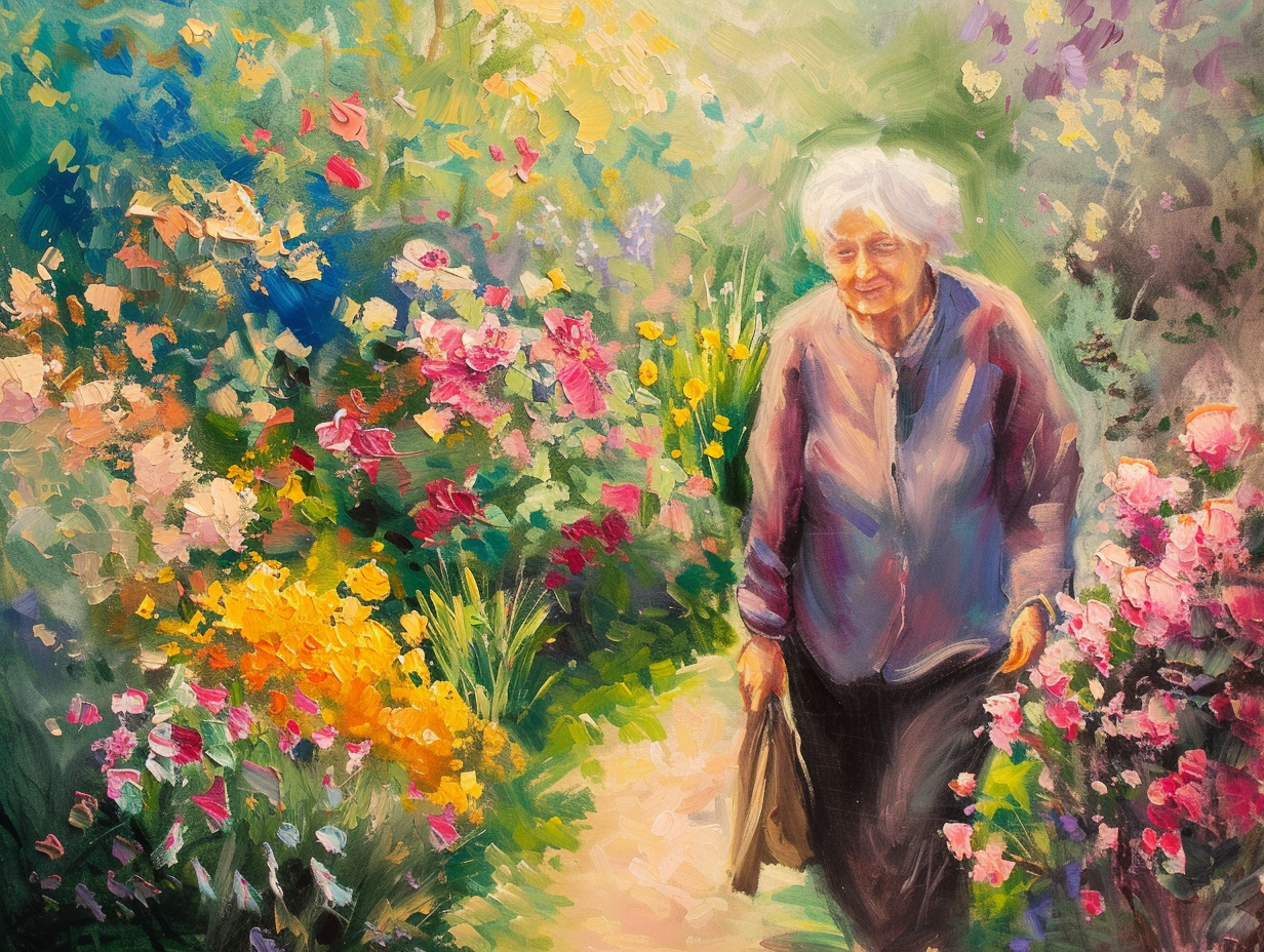 Elderly Woman Walking in Flowery Garden