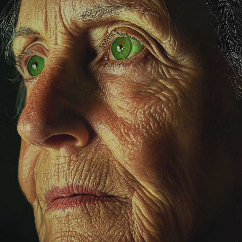 Elderly woman watching green monitor