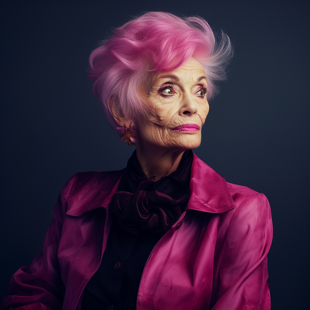 Elderly woman with vibrant pink hair on deep violet background