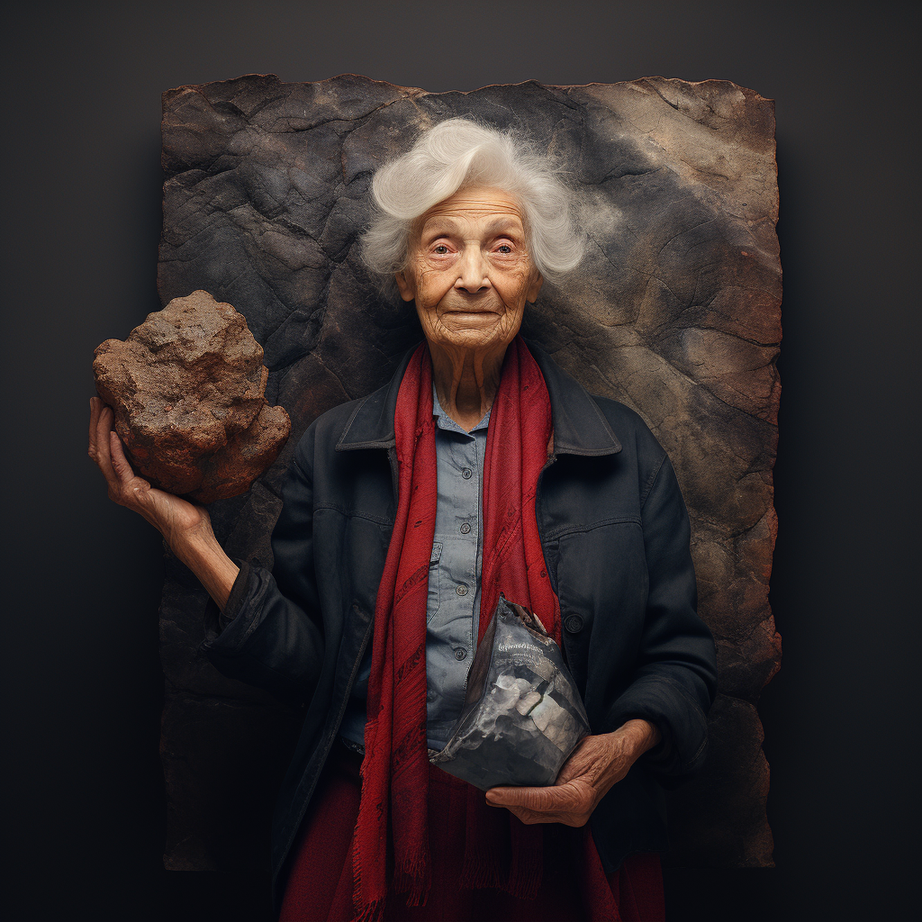 Elderly woman with Rolling Stone magazine in museum