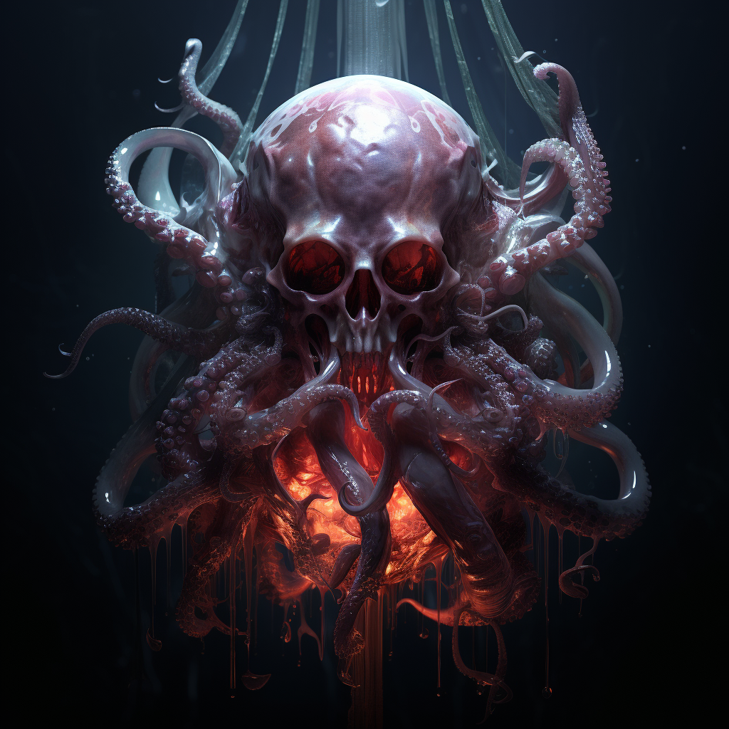 Eldritch creature skull with tentacles under dark red lighting