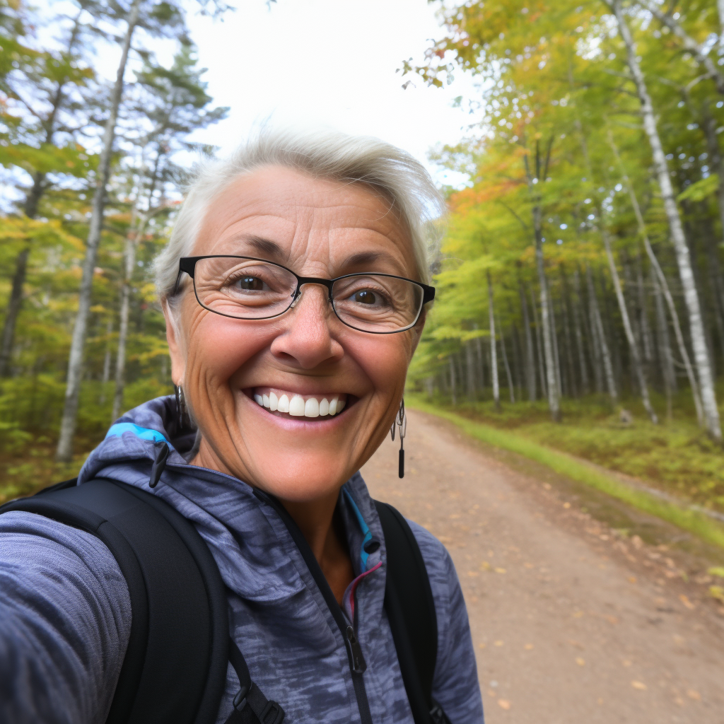 Eleanor, retired teacher, taking a selfie on a hike