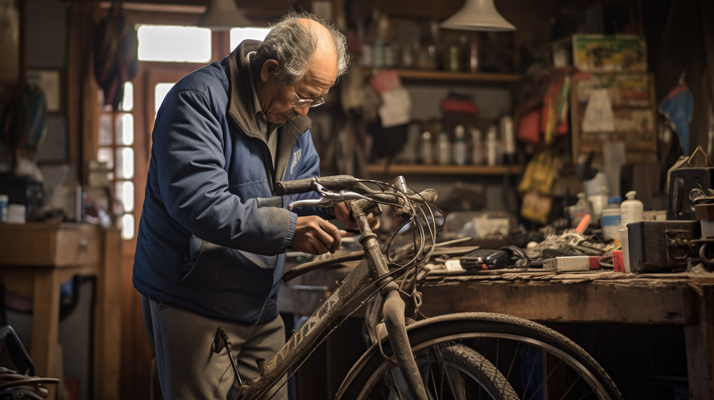 Skilled mechanic repairing electric bicycle in workshop