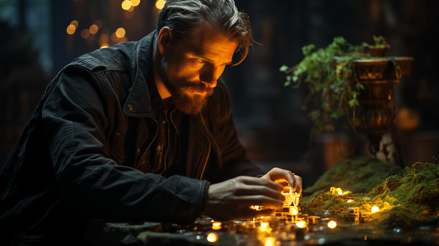 Man holding a bioluminescent creature in a dark forest