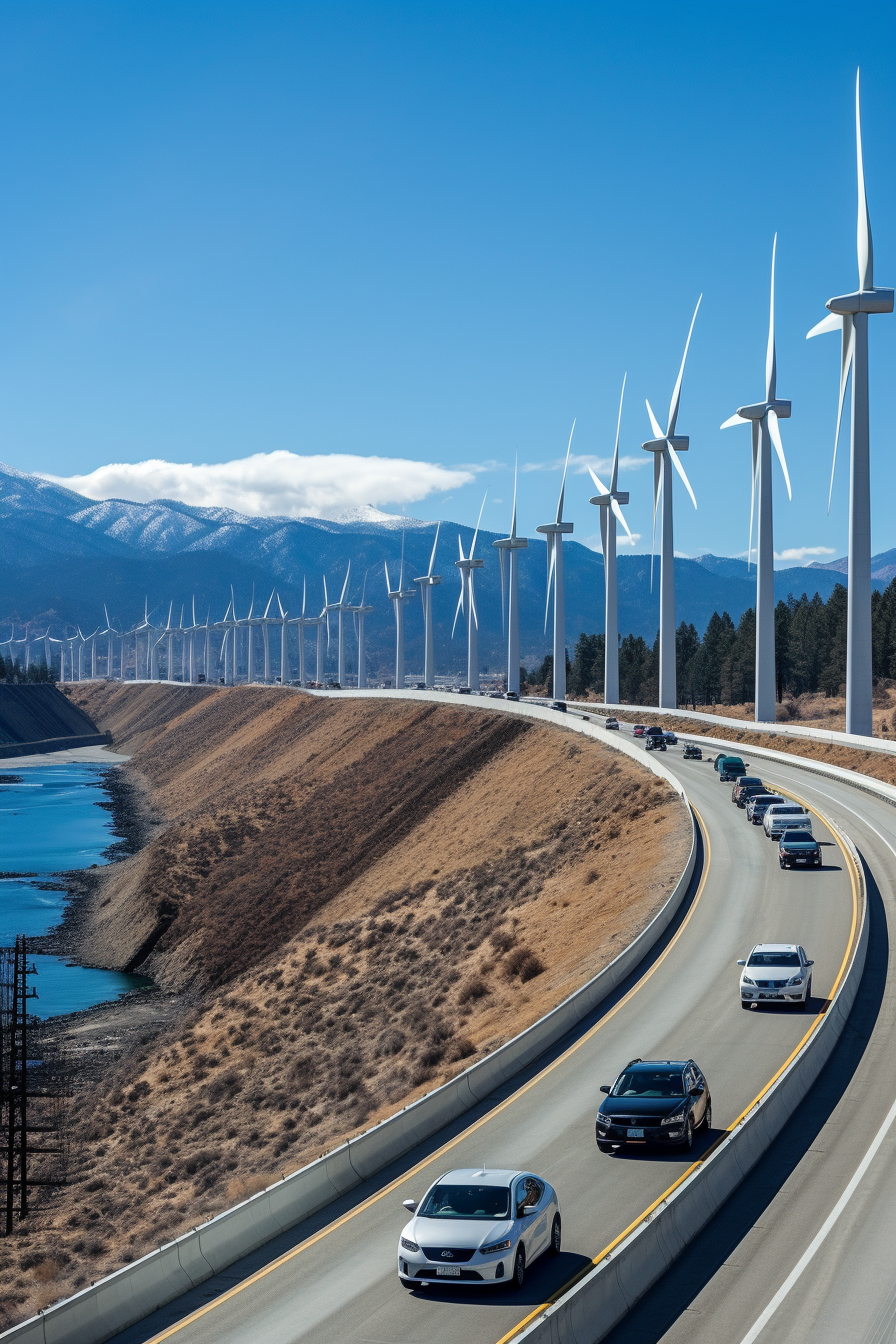 View of Electric Cars and Wind Turbines