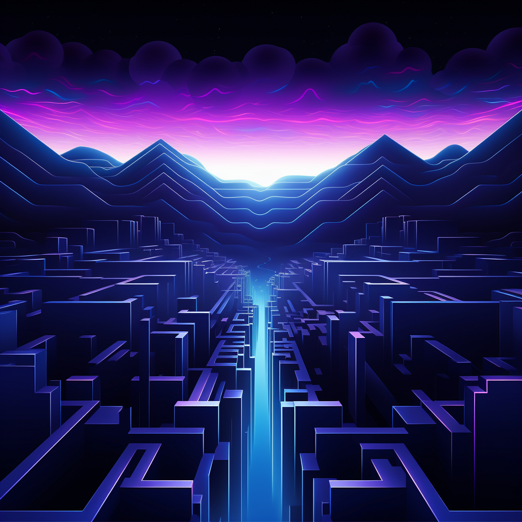 Neon lines merge over landscape.