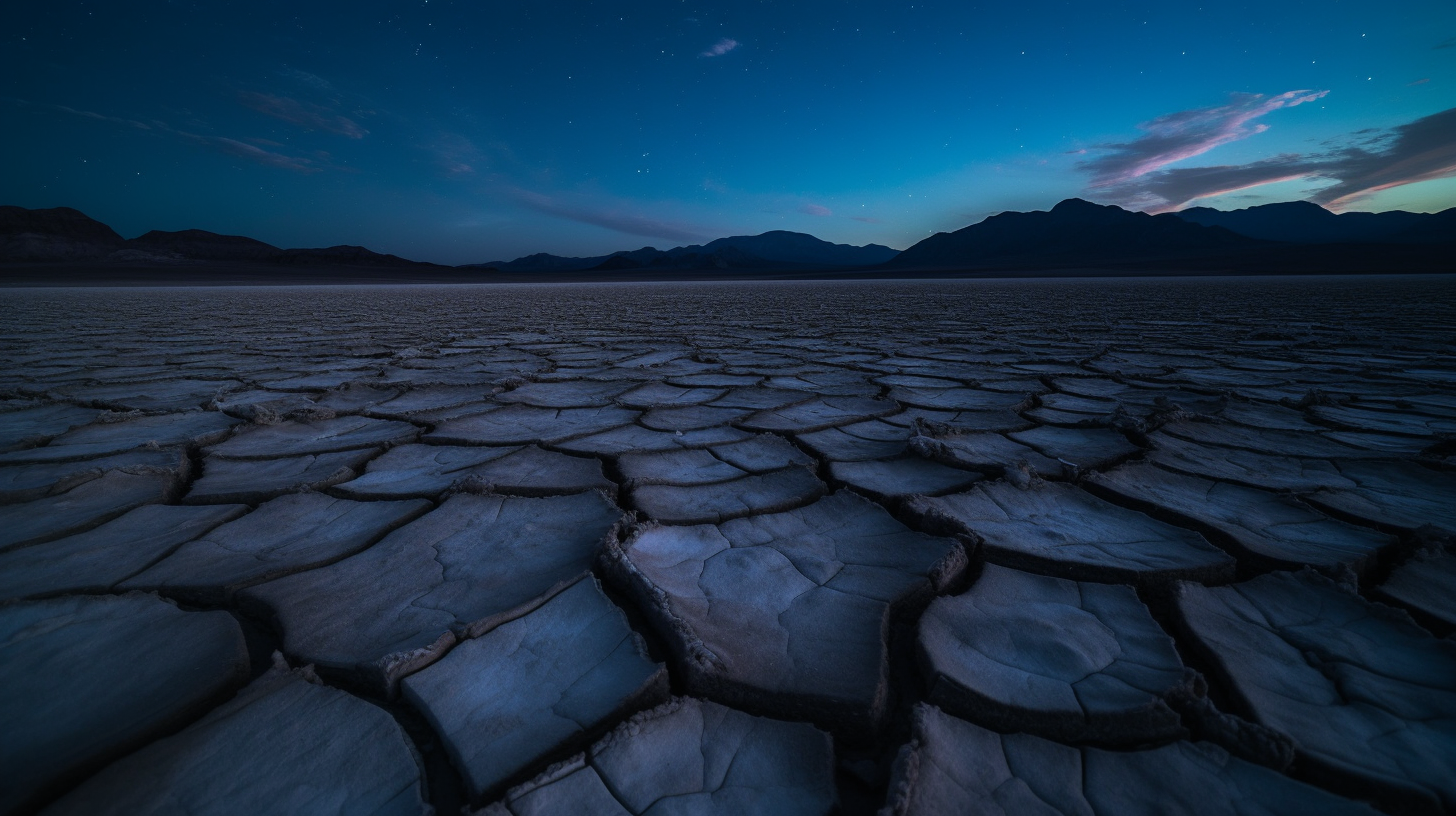 Cracked earth in electric Nevada desert glowing blue