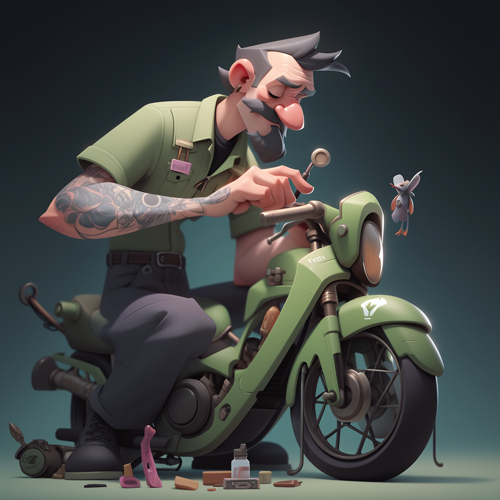 Skilled electric motorcycle technician with moustache and tattoos at work