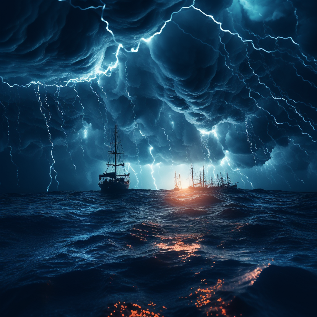 Electric storm at sea at night