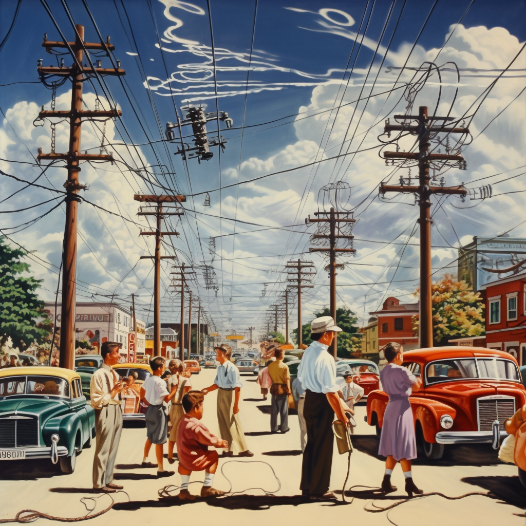 Cartoon-style propaganda photo of electric transmission network poles