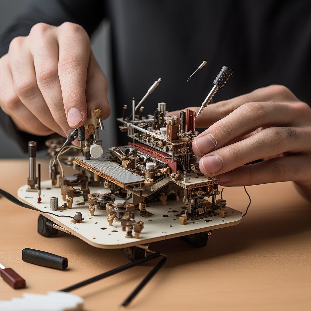 hands assembling electronic model