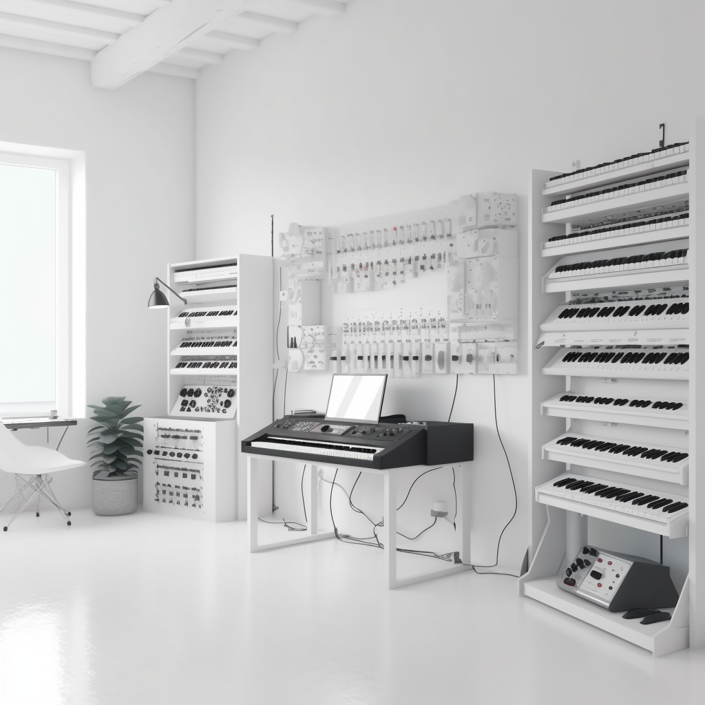 Minimalistic white room with electronic music studio synthesizer