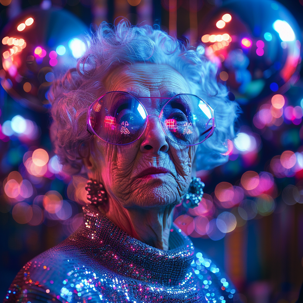 Old woman in neon glasses