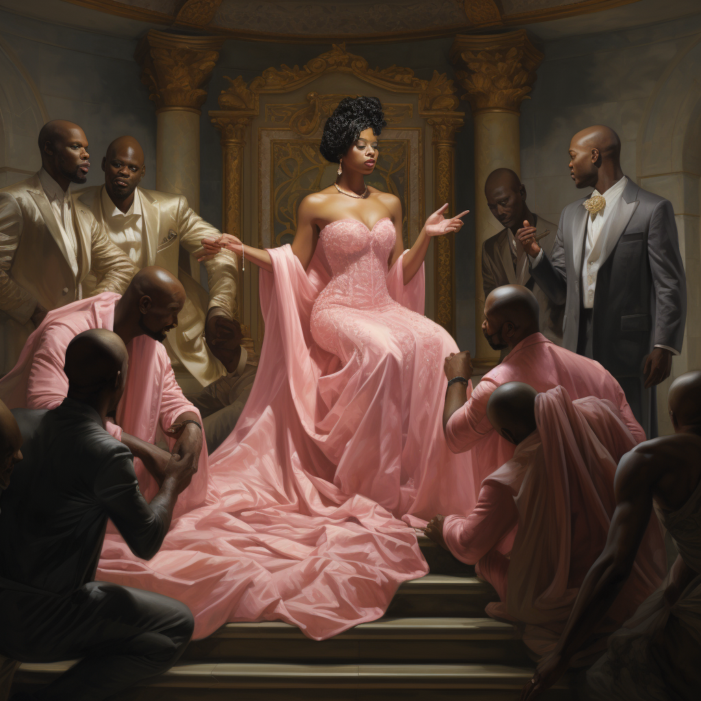 African American woman accepting gifts in pink gown