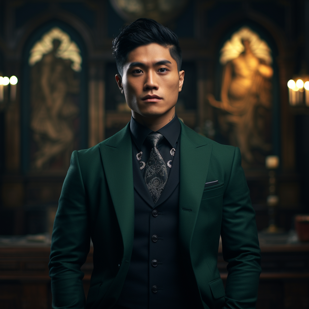 Elegant Asian man in dark green power suit