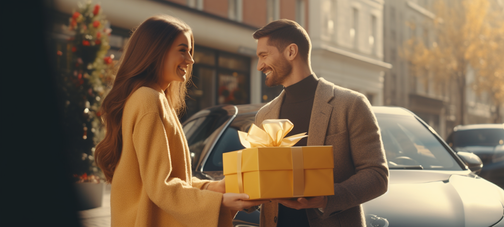 Elegant couple exchange gifts on autumn street