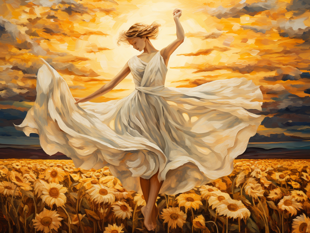 Beautiful ballet dancer in surreal sunflower field