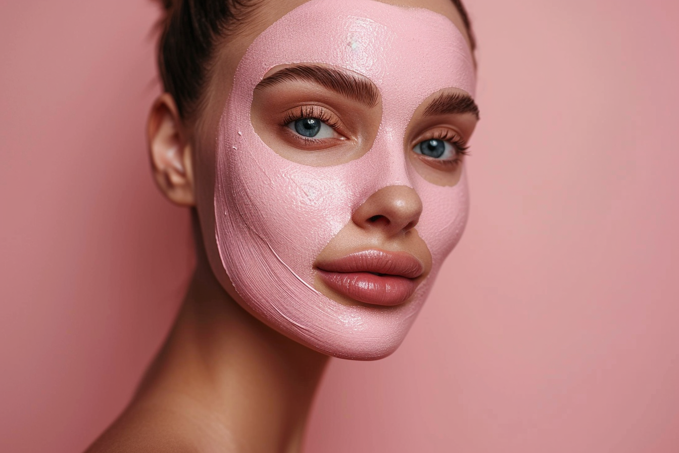 Woman with Cosmetic Mask on Light Pink Background