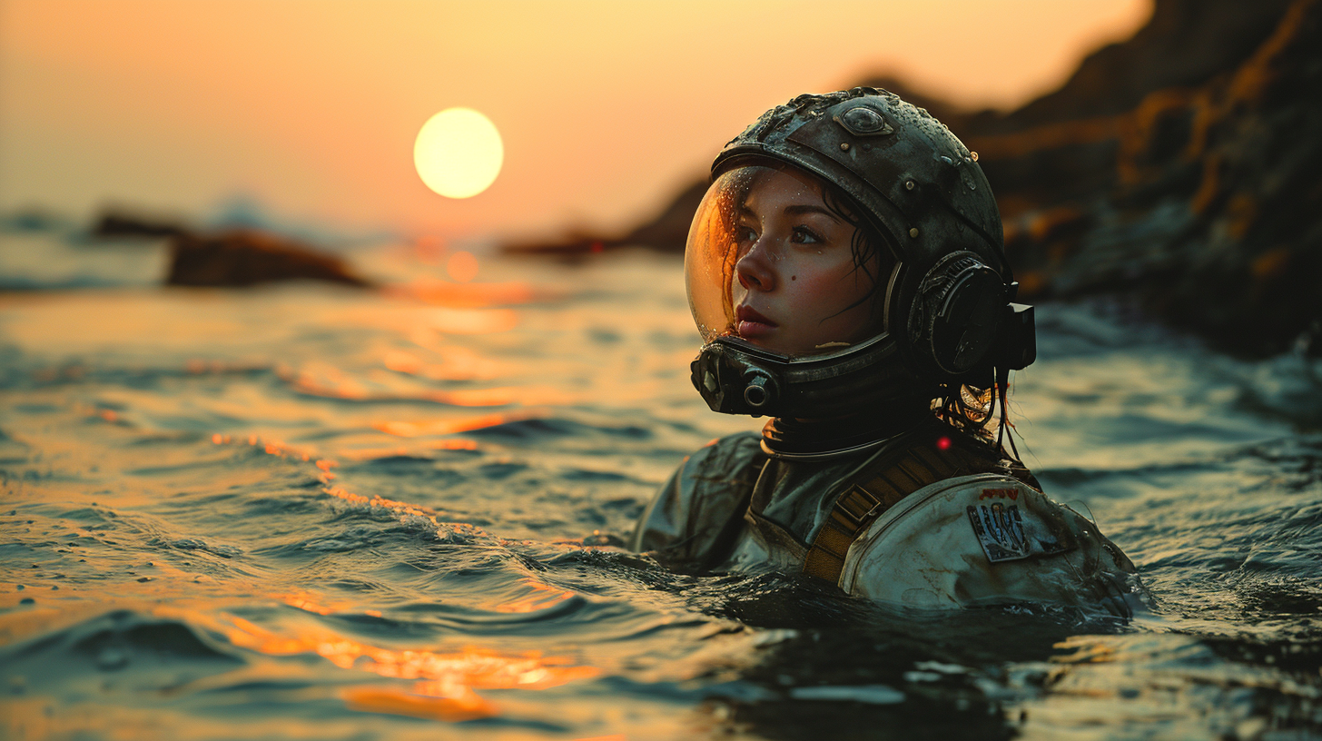 Black marble armored sci-fi astronaut on beach with red moon reflection