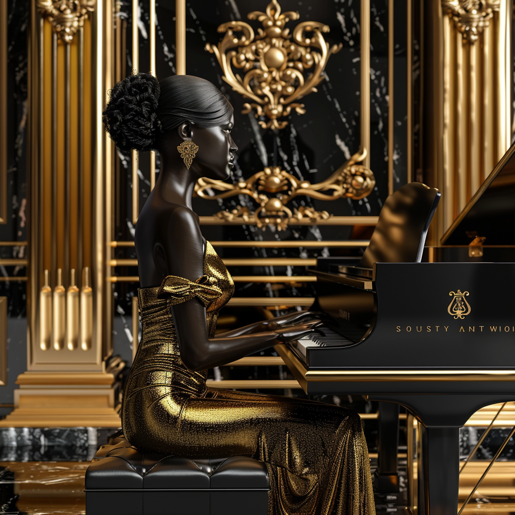 Elegant Black Woman Golden Piano