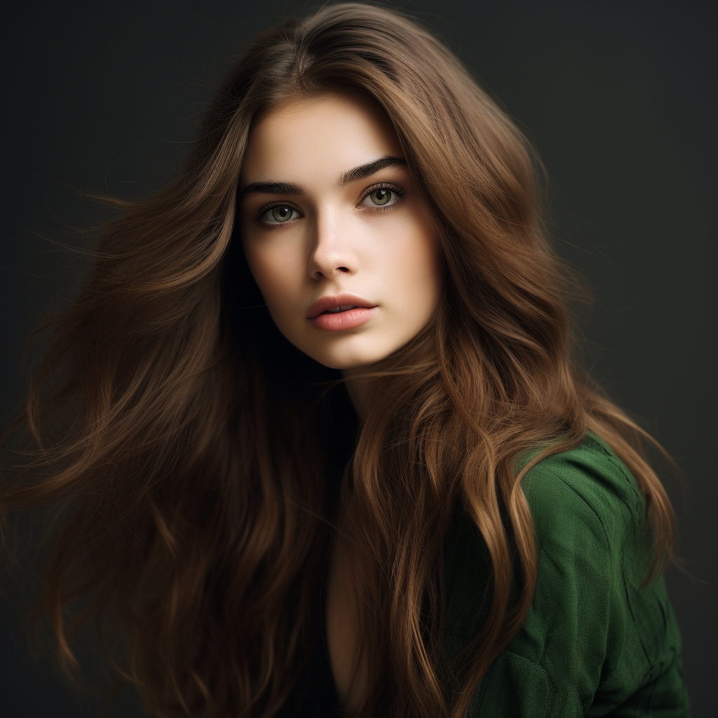 Young woman with elegant attire and green eyes