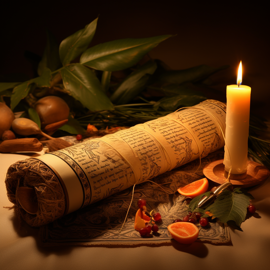 Elegant calligraphy, date palms, and fruits illuminated by candlelight