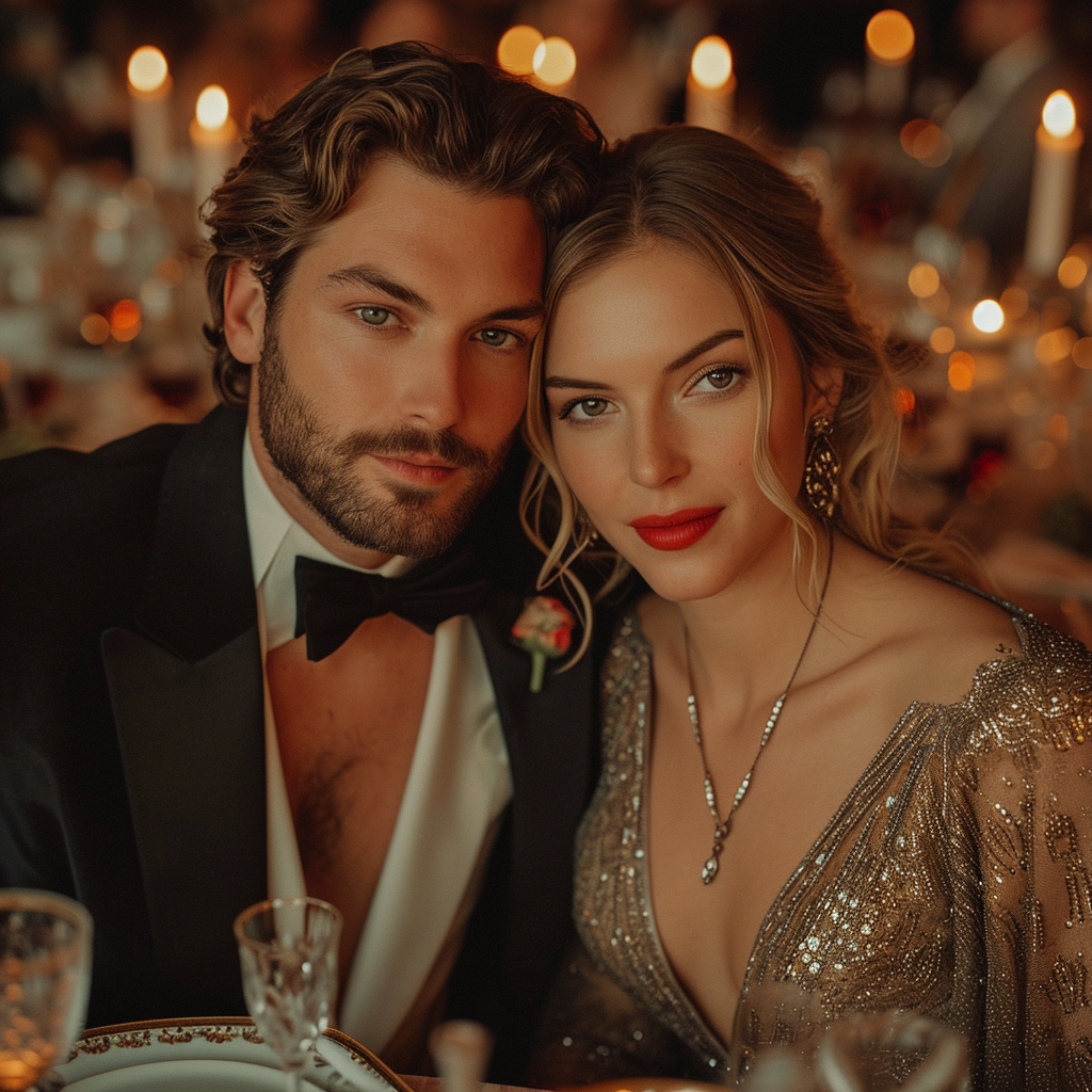 Caucasian couple at elegant party table