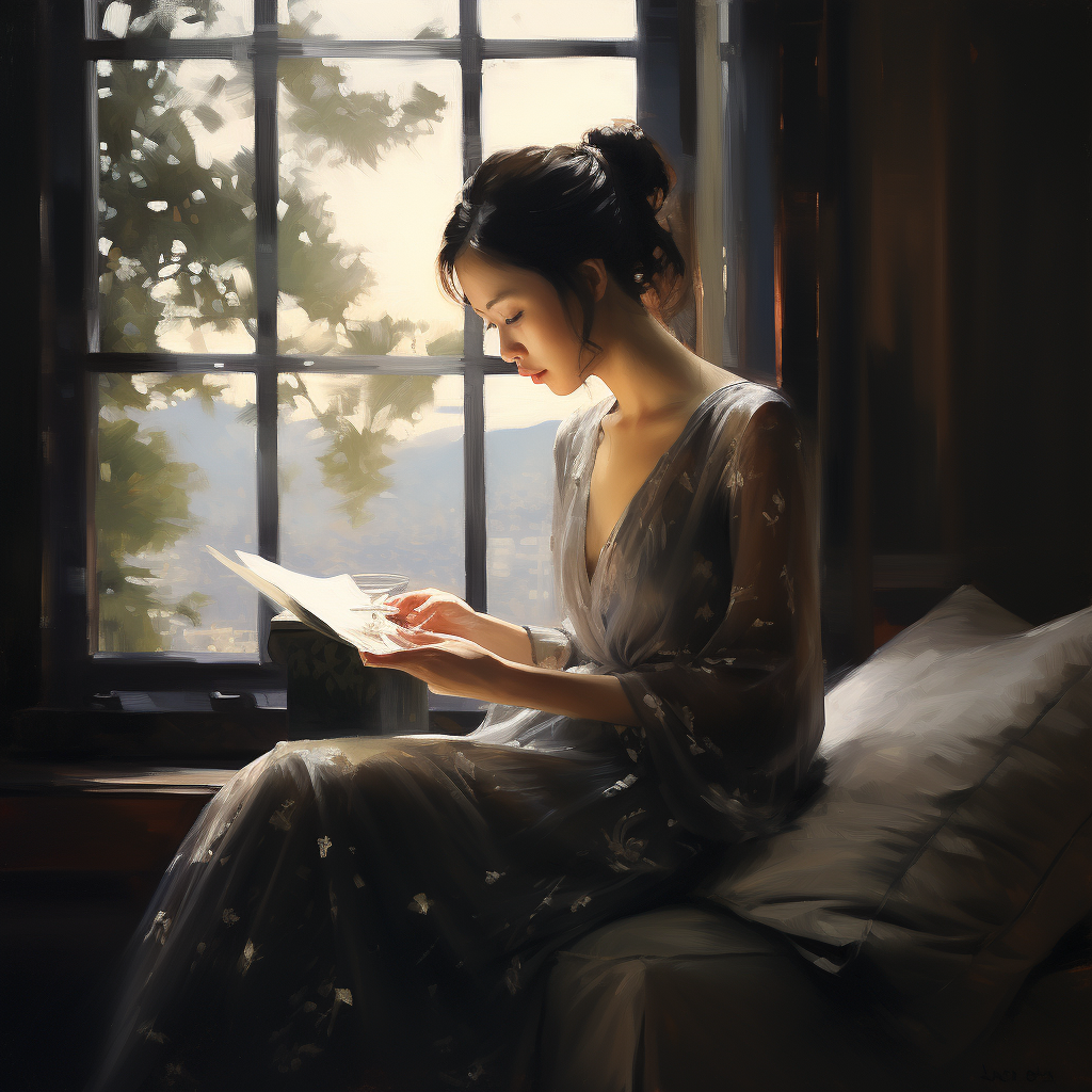 Chinese woman reading by window