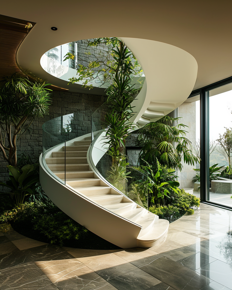 Elegant Circle Organic Staircase with Lush Plants