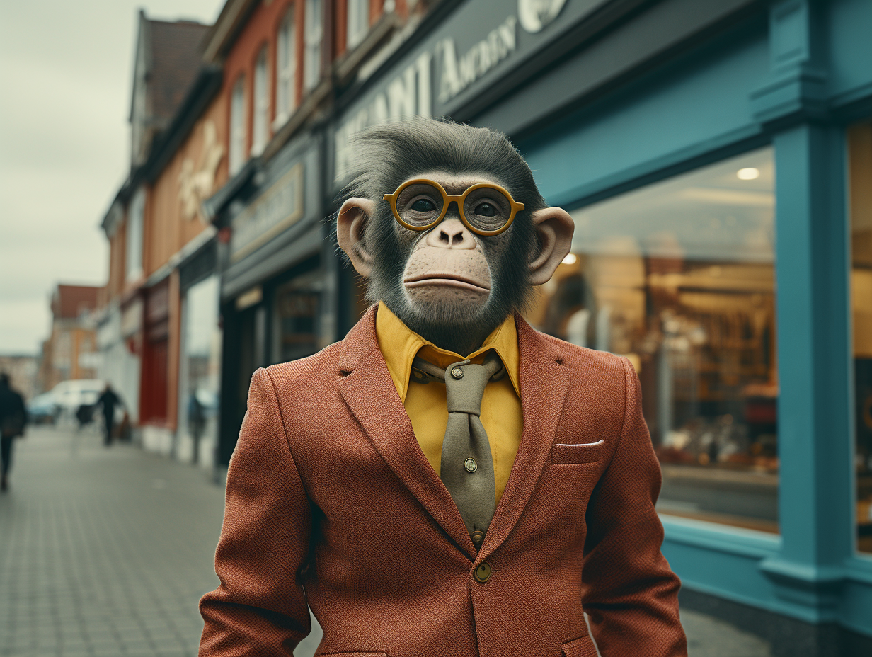 Monkey in elegant clothes on the street