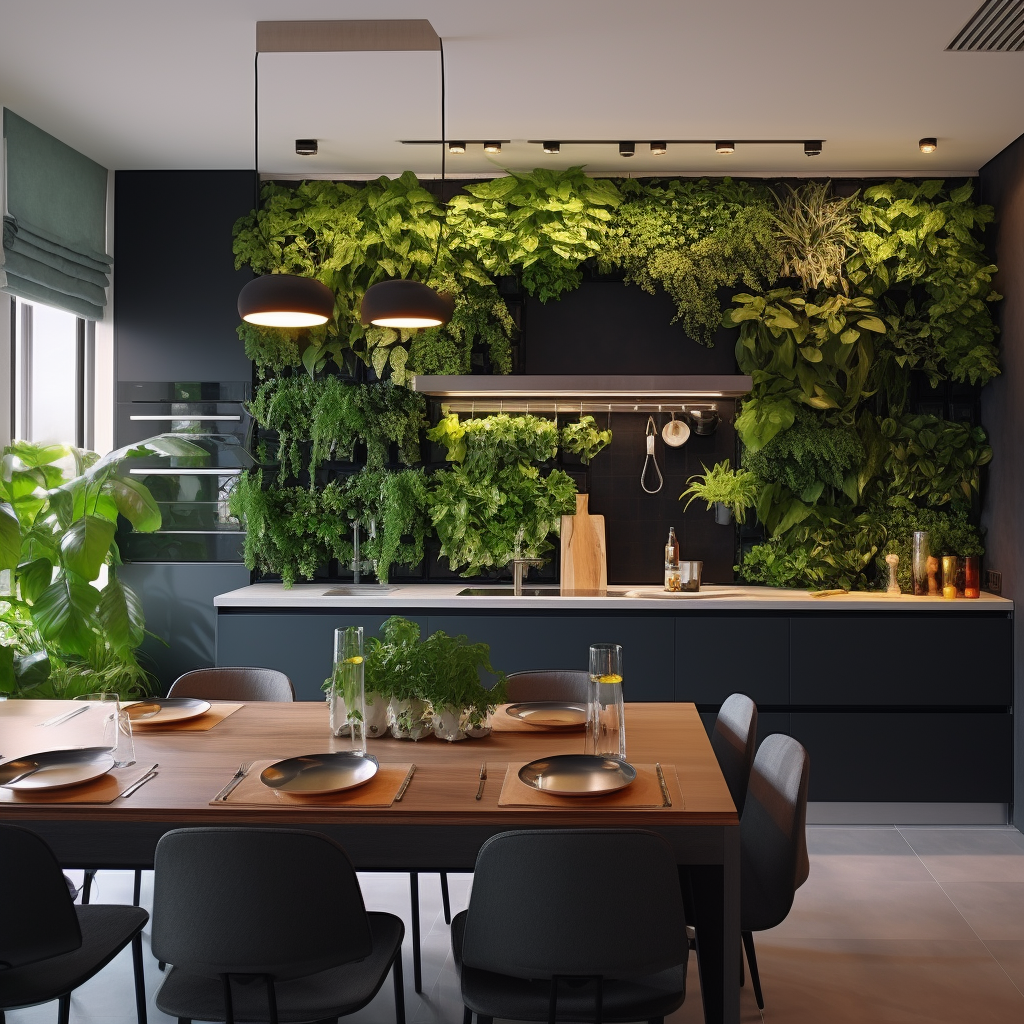 Elegant company kitchen with plant wall