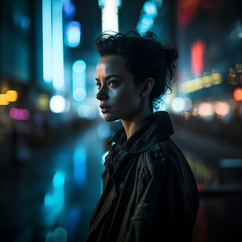 Beautiful woman in cyberpunk night cityscape