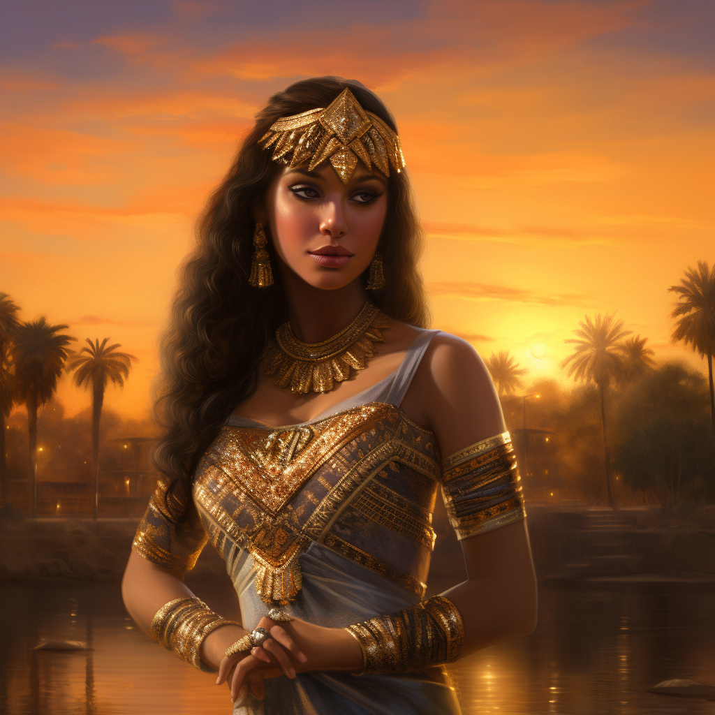 Beautiful Cleopatra in Egyptian attire by the Nile