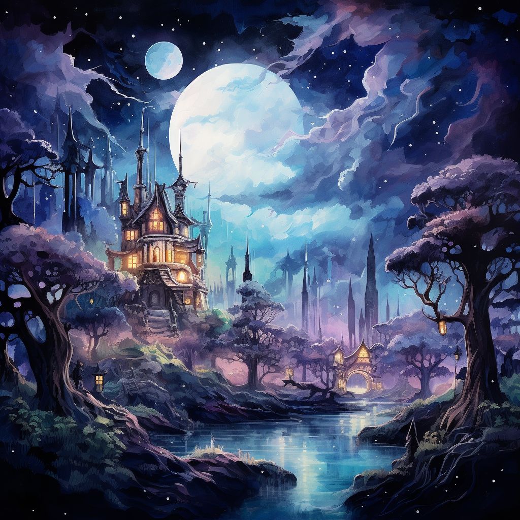 Elves City in Forest at Night