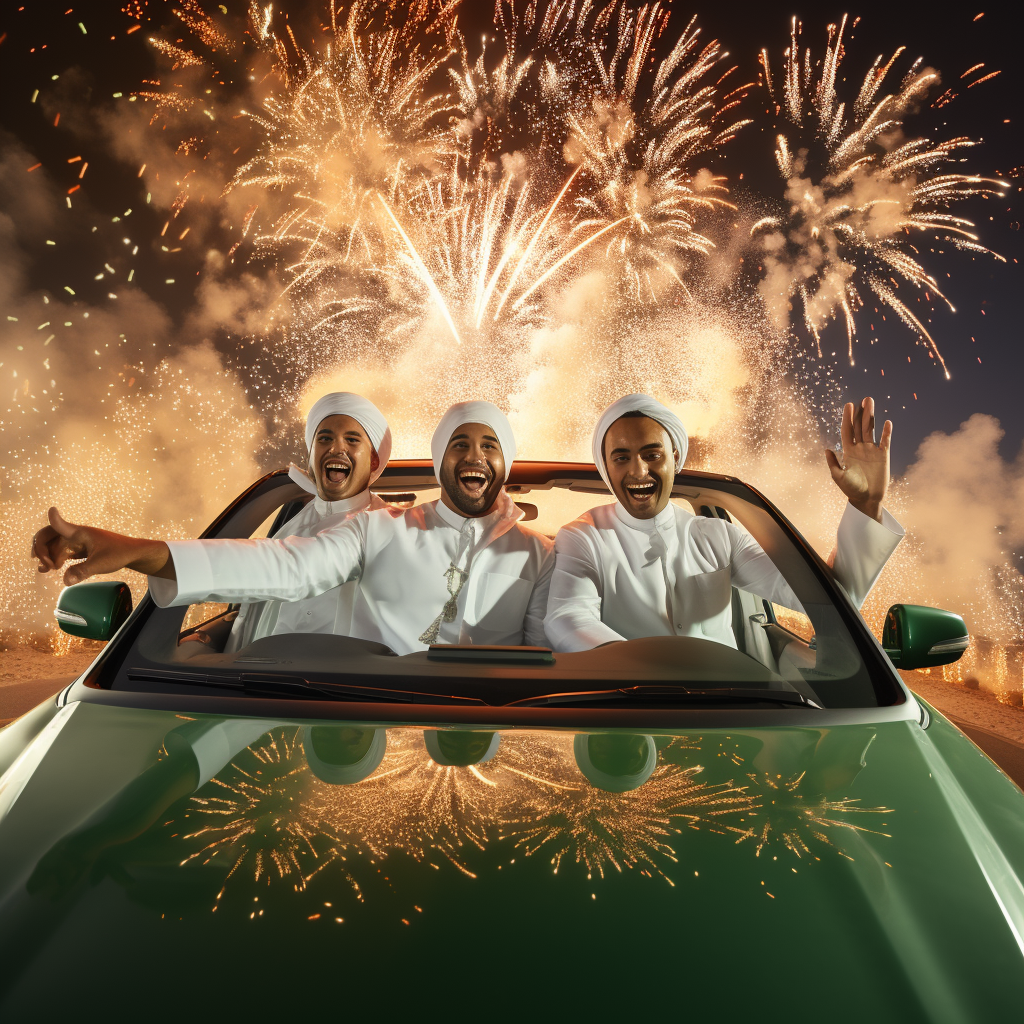 Emirati men celebrating in elegant cars with fireworks