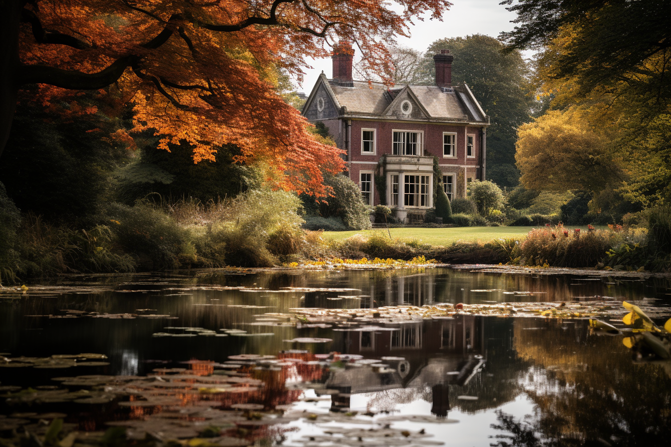 Antique English House with Pond Reflection