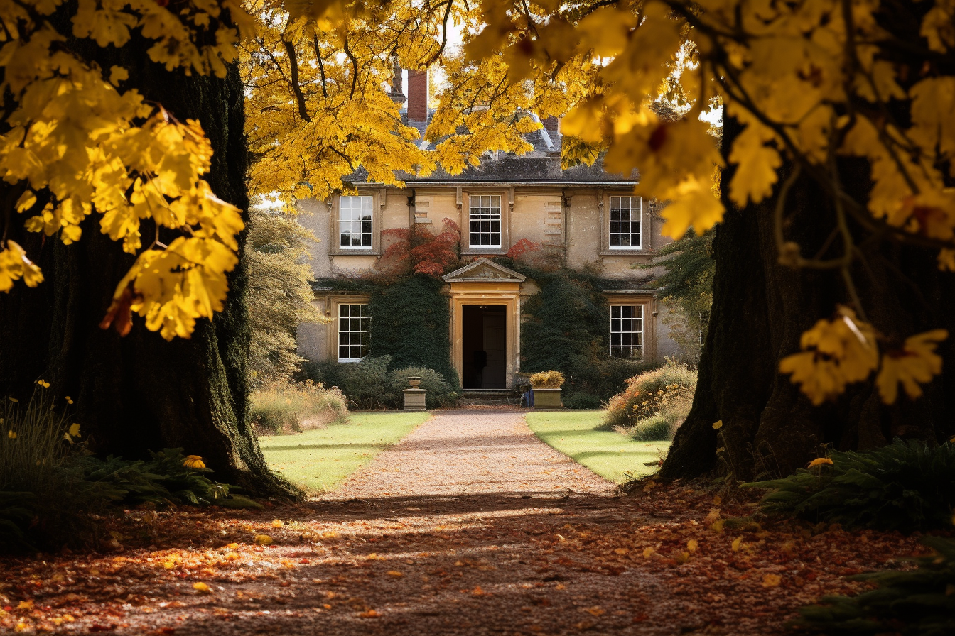 Elegant English Manor with Autumn Leaves